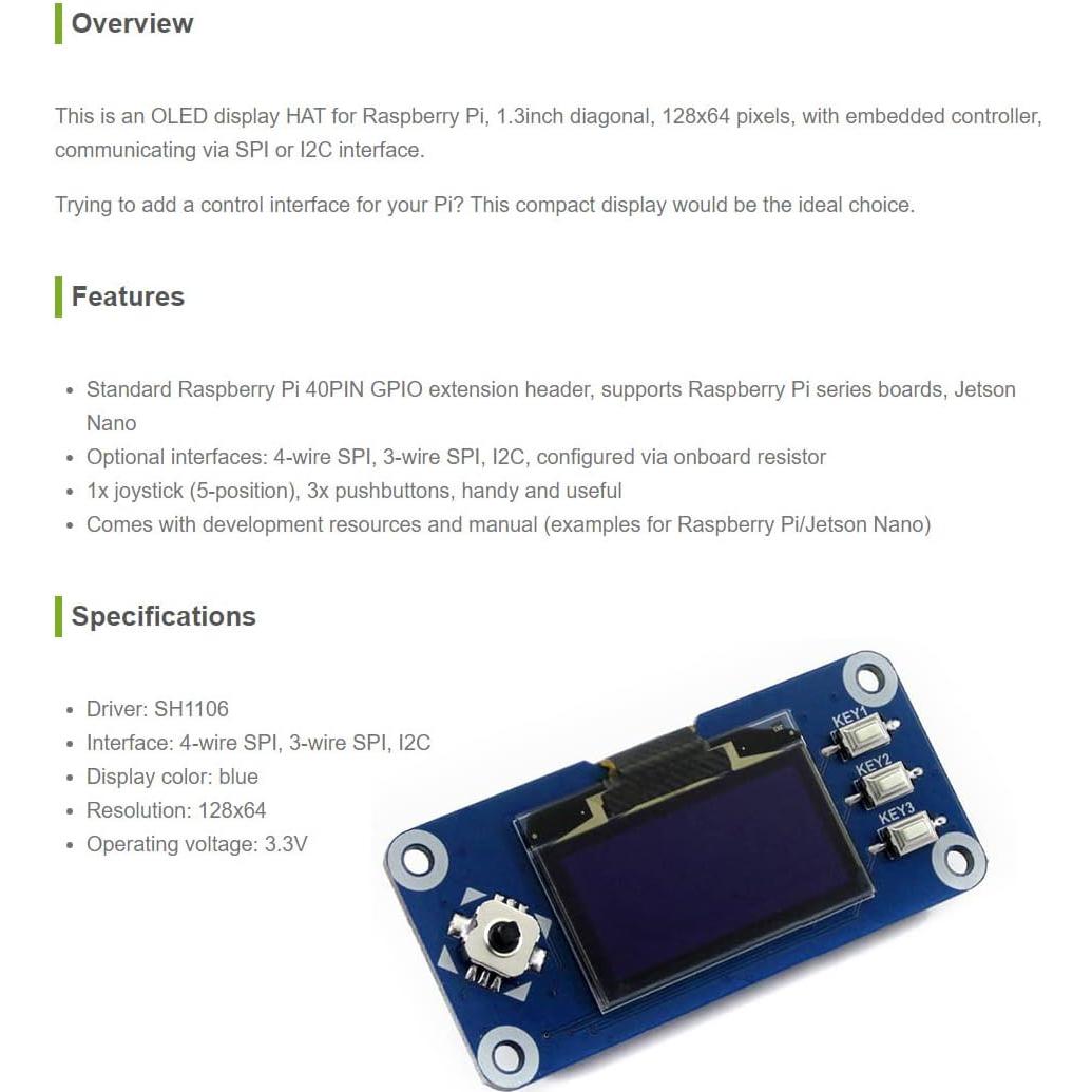 Pantalla OLED HAT 1.3" Waveshare 128x64 para Raspberry Pi