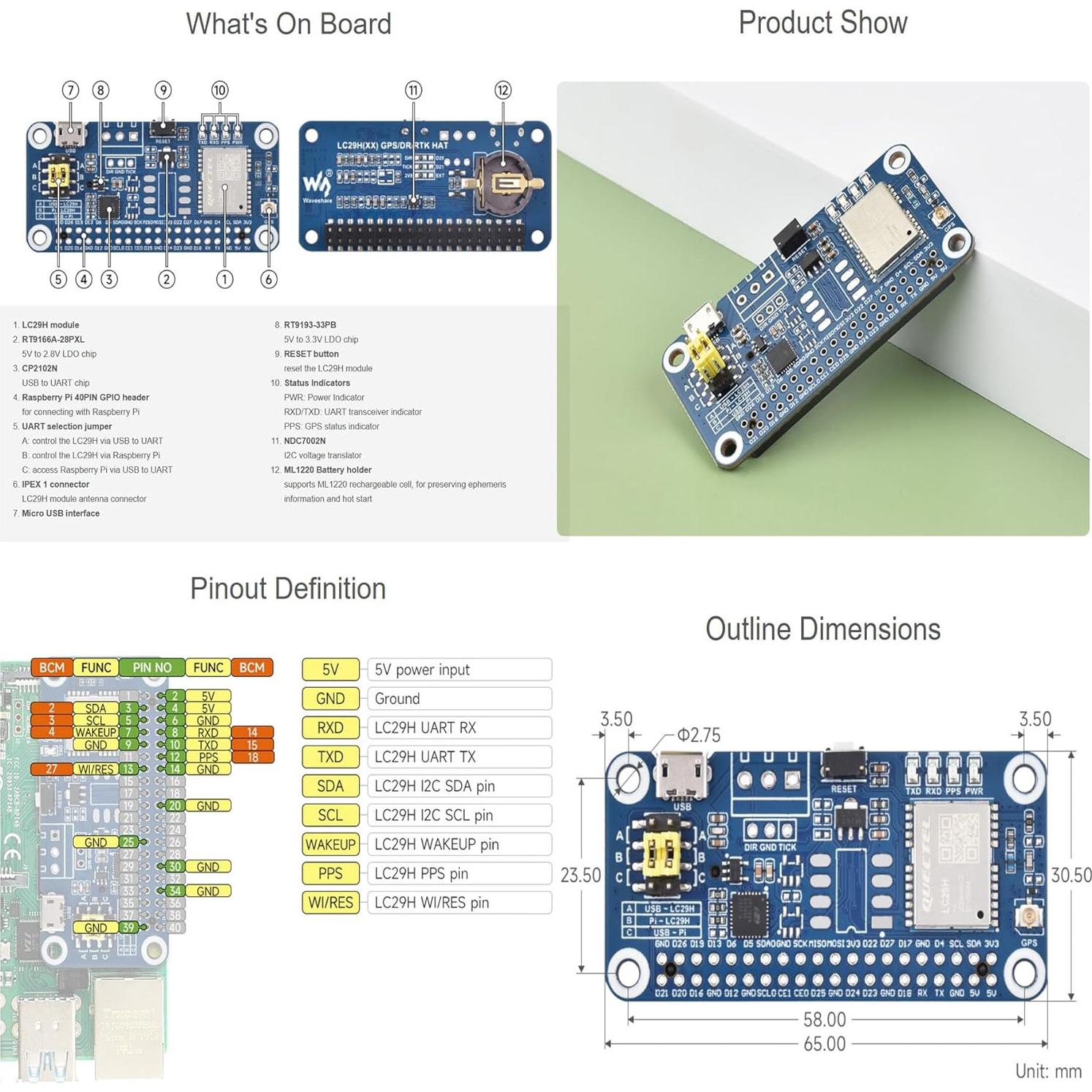 Módulo GPS Doble Banda LC29H XYGStudy para Raspberry Pi RTK