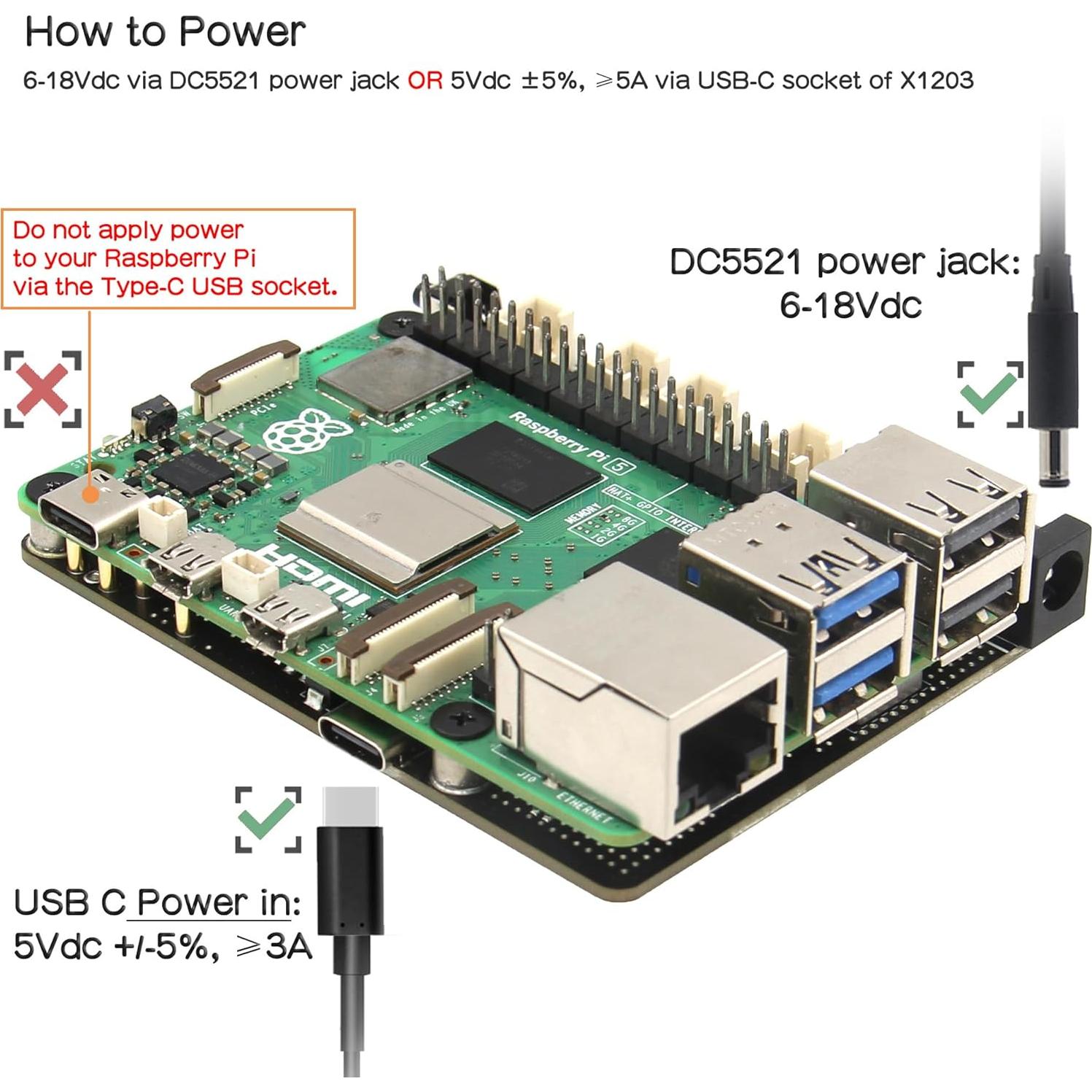 Geekworm X1203 UPS Shield 5V para Raspberry Pi 5 - 5A