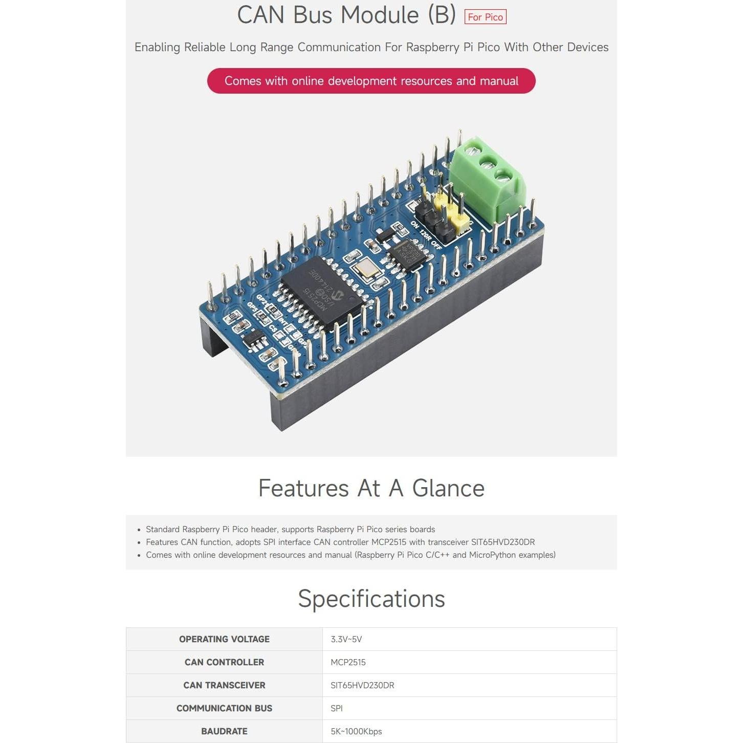 Módulo CAN Bus Waveshare para Raspberry Pi Pico - Comunicación SPI