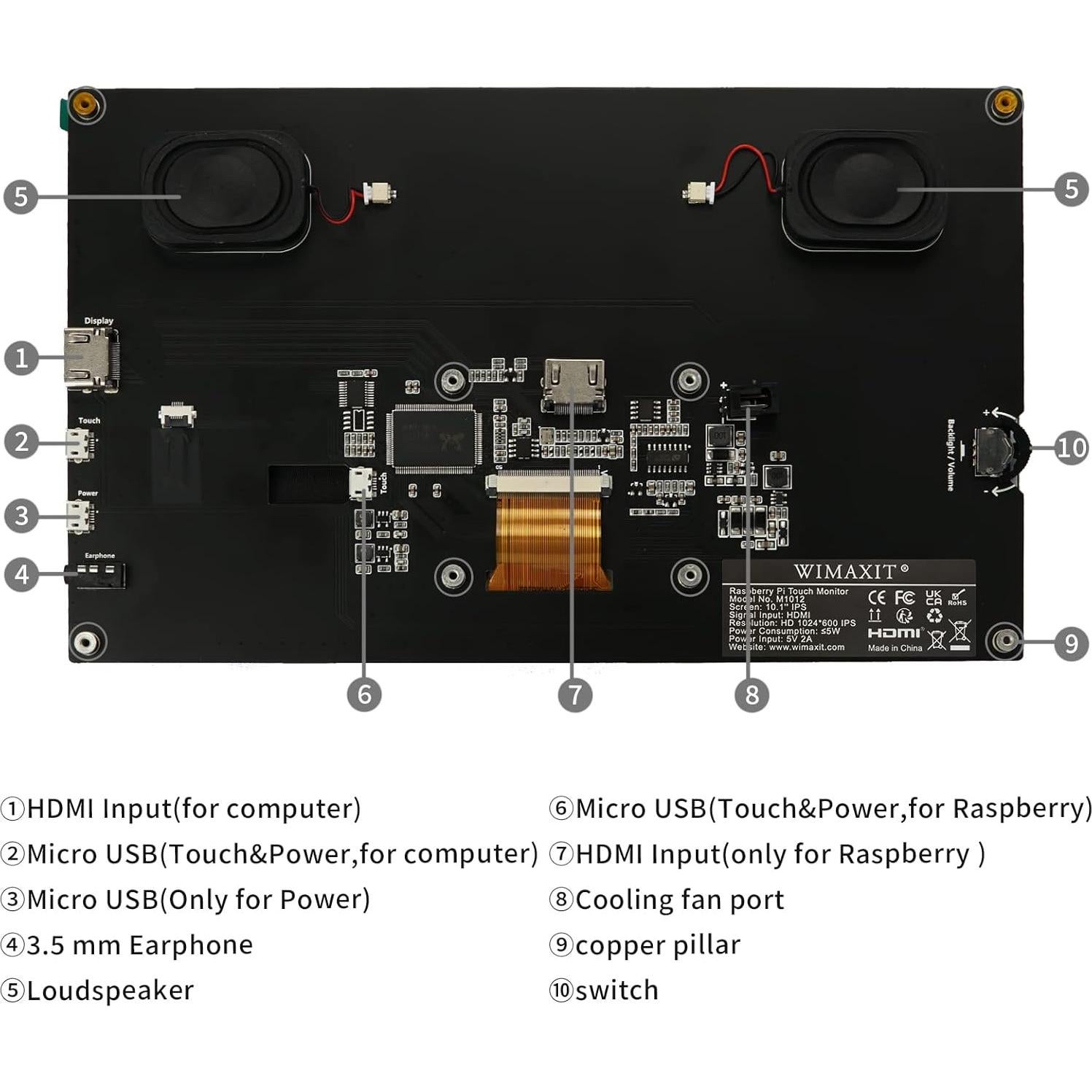 Pantalla Táctil Portátil WIMAXIT 10.1" HDMI 1024x600 para Raspberry Pi