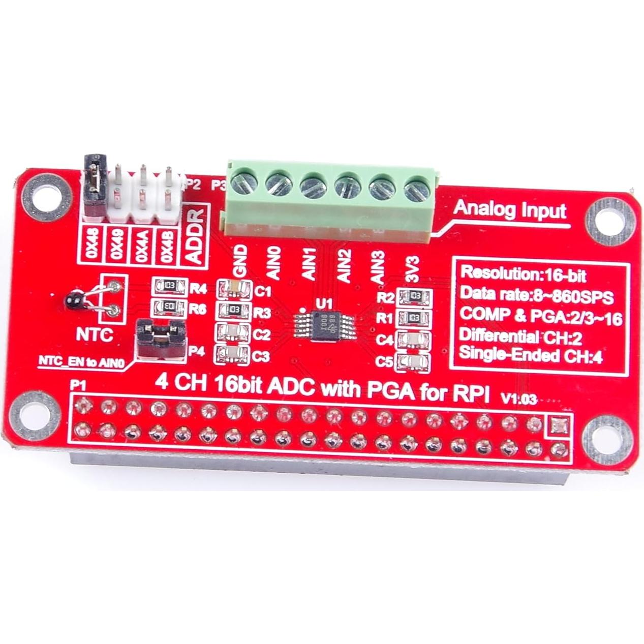Módulo ADC I2C 16 bits 4 canales KNACRO para Raspberry Pi