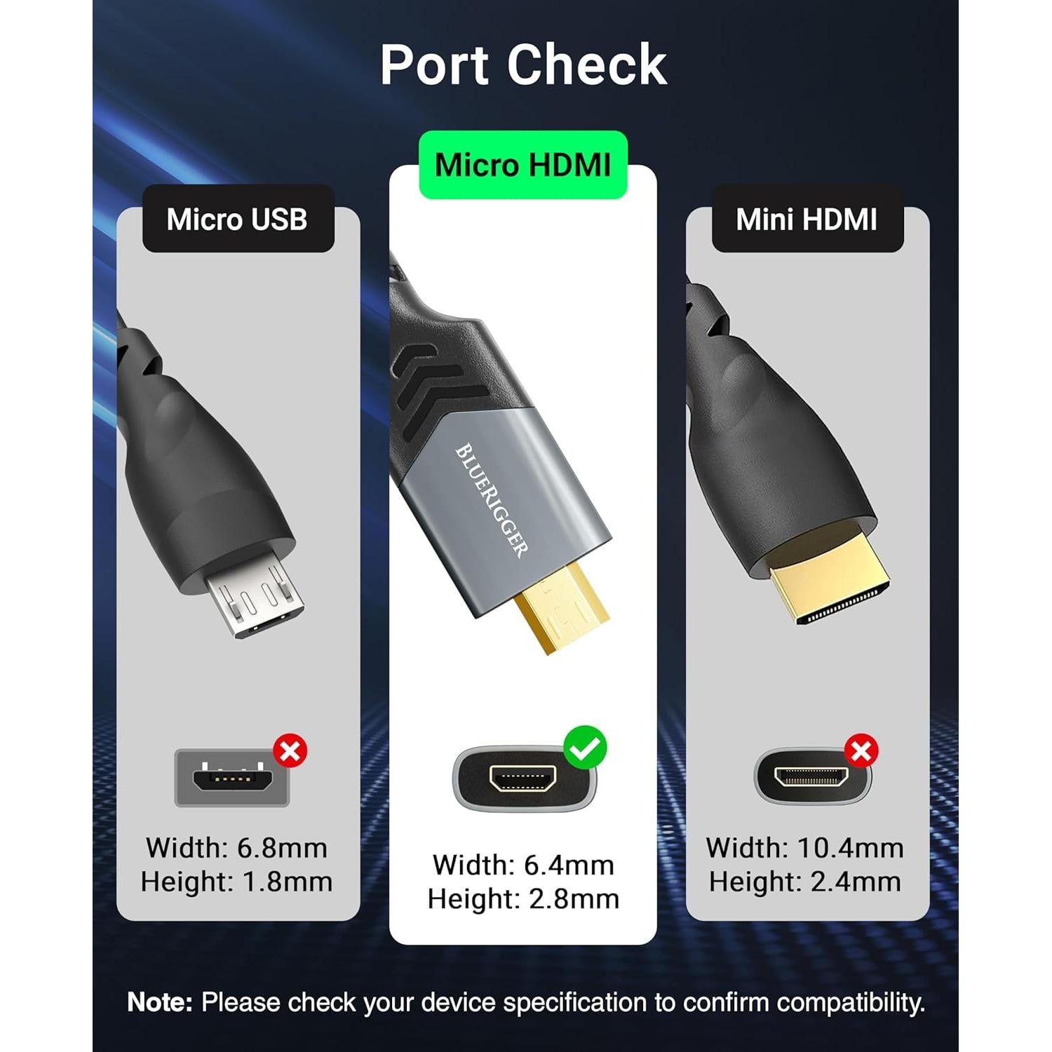 Cable Micro HDMI a HDMI BlueRigger 3.05m 4K 60Hz Alta Velocidad