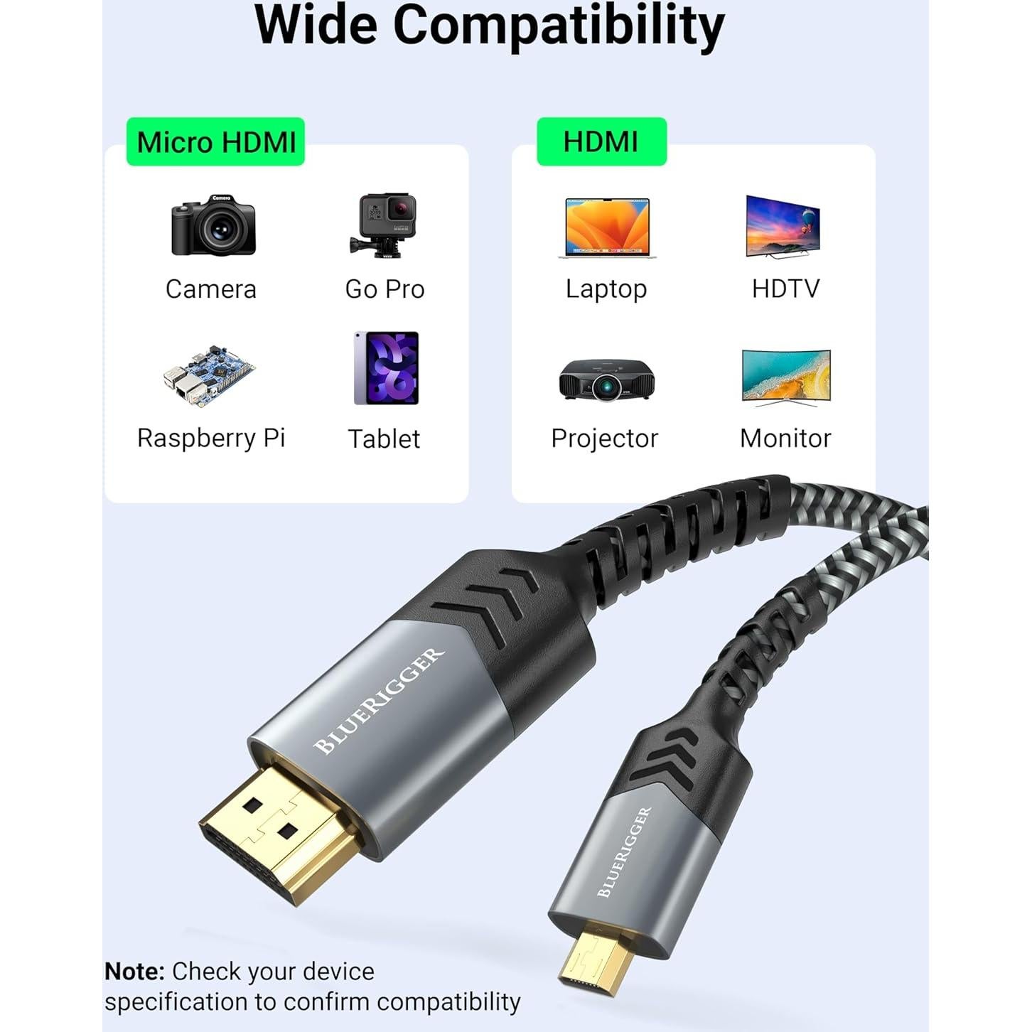 Cable Micro HDMI a HDMI BlueRigger 3.05m 4K 60Hz Alta Velocidad