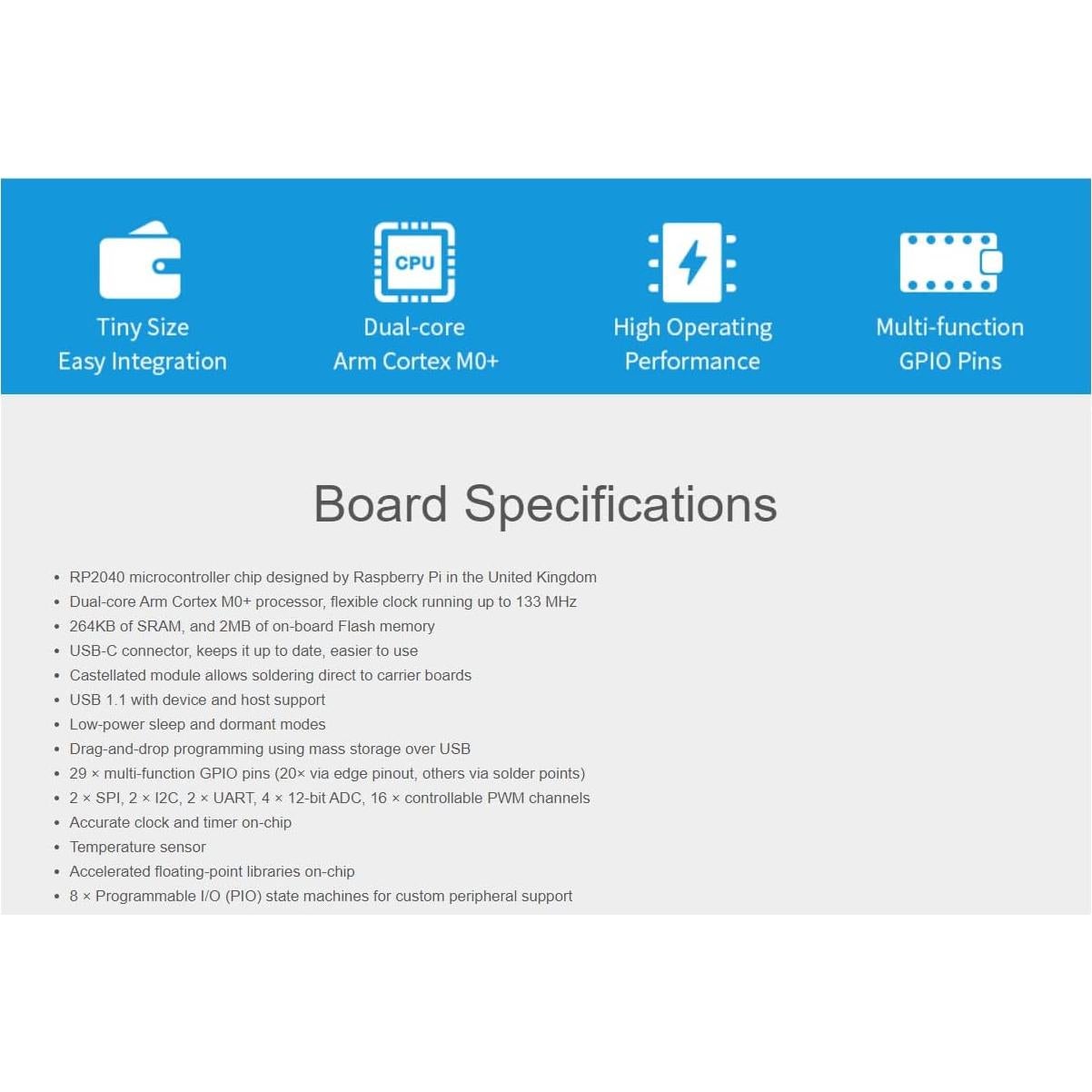 Placa mini MCU RP2040-Zero Waveshare USB-C 9g