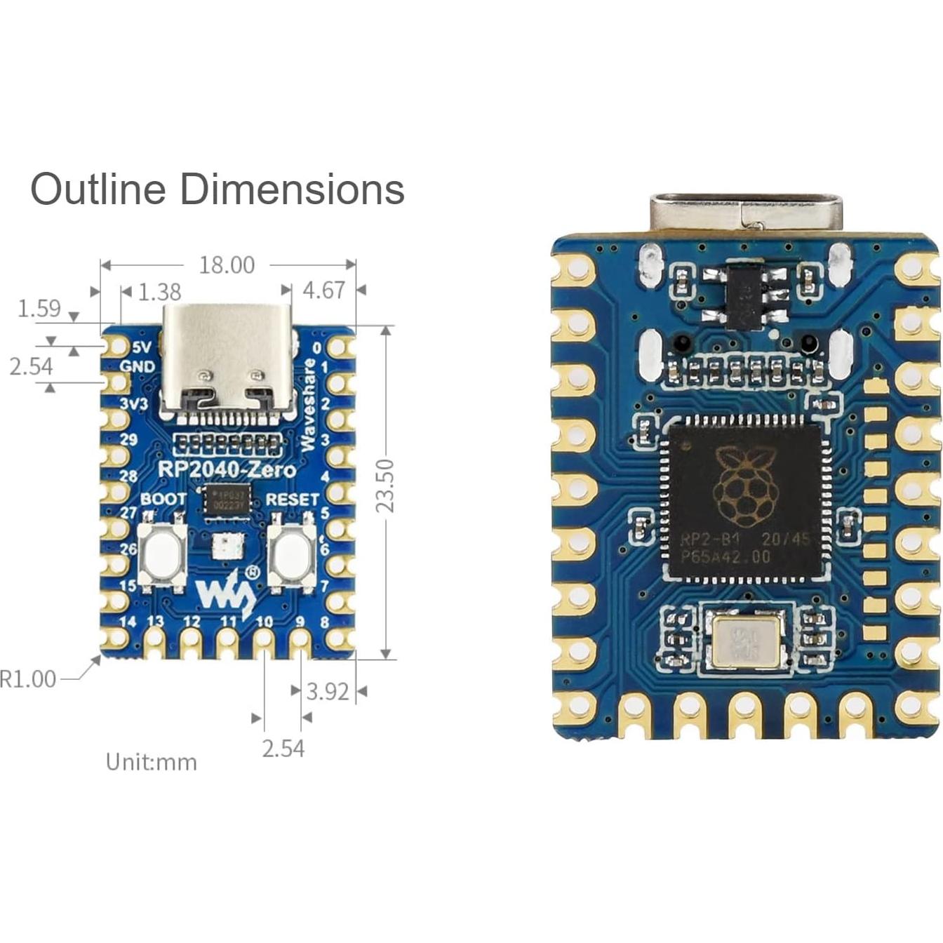 Placa mini MCU RP2040-Zero Waveshare USB-C 9g