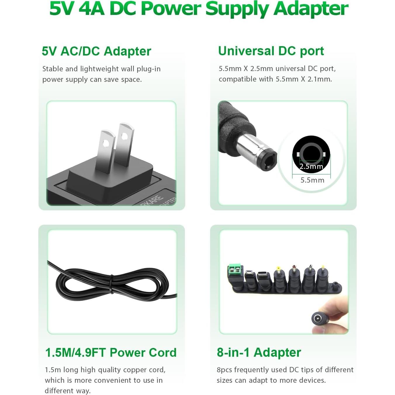 Adaptador de Alimentación 5V 4A 20W con 8 Enchufes Universales