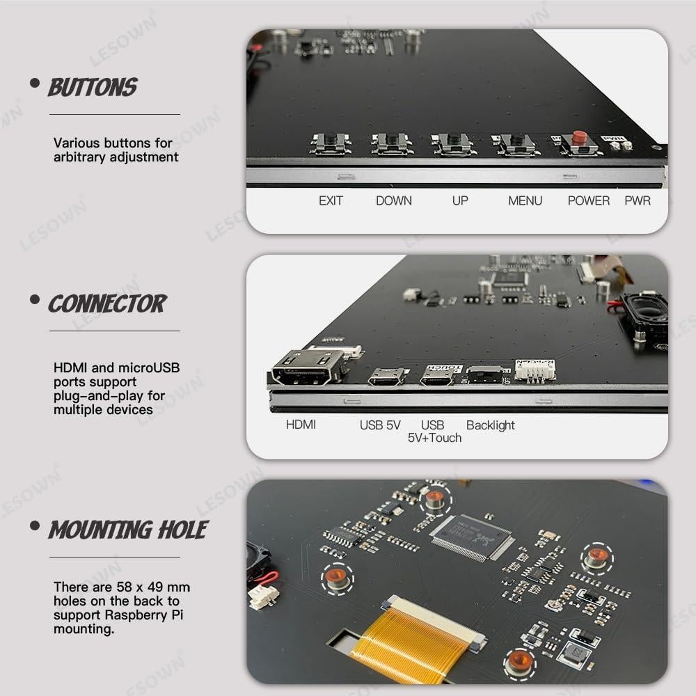 Monitor LCD Táctil 10.1" LESOWN 1024x600 HDMI para Raspberry Pi