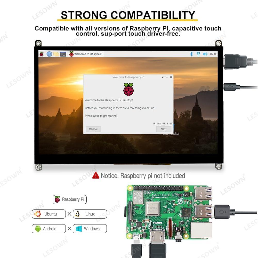 Monitor LCD Táctil 10.1" LESOWN 1024x600 HDMI para Raspberry Pi