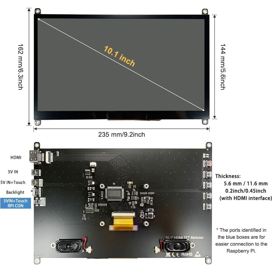 Monitor LCD Táctil 10.1" LESOWN 1024x600 HDMI para Raspberry Pi