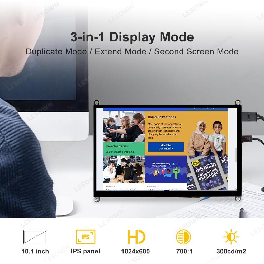 Monitor LCD Táctil 10.1" LESOWN 1024x600 HDMI para Raspberry Pi