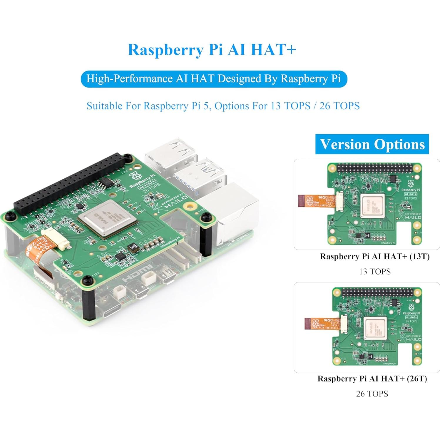 Official RPi AI HAT+, Build-in 13 Tops Hailo-8 AI Accelerator to Quickly Build A Wide Range of AI-Powered Applications