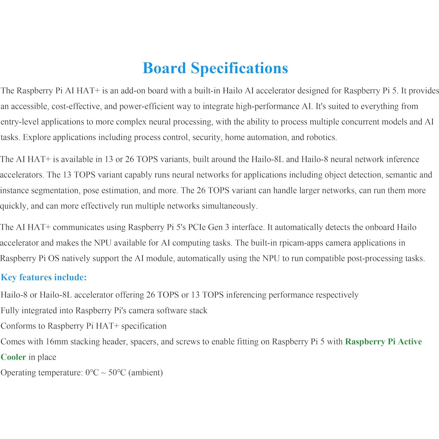 Official RPi AI HAT+, Build-in 13 Tops Hailo-8 AI Accelerator to Quickly Build A Wide Range of AI-Powered Applications