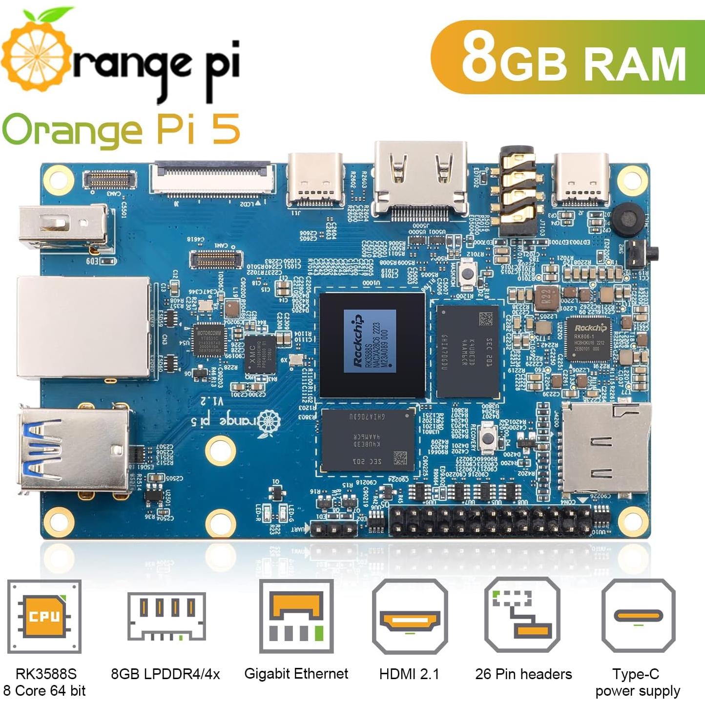 Computadora de Placa Única Orange Pi 5 8GB RK3588S 8 Núcleos 8K