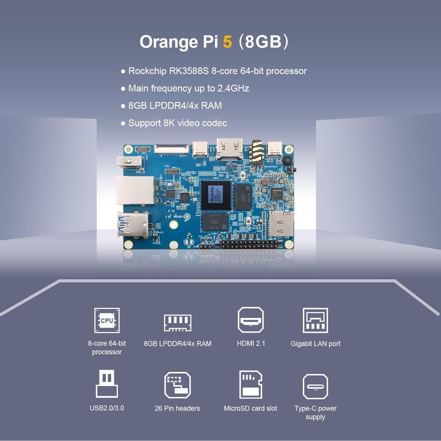 Computadora de Placa Única Orange Pi 5 8GB RK3588S 8 Núcleos 8K