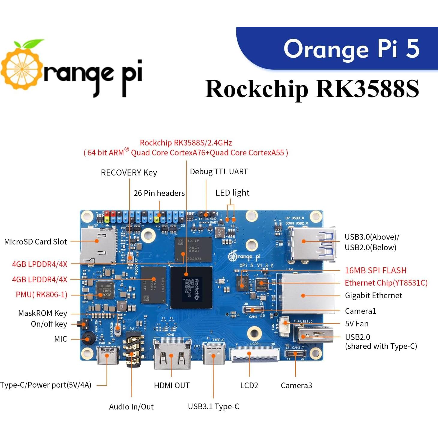 Computadora de Placa Única Orange Pi 5 8GB RK3588S 8 Núcleos 8K