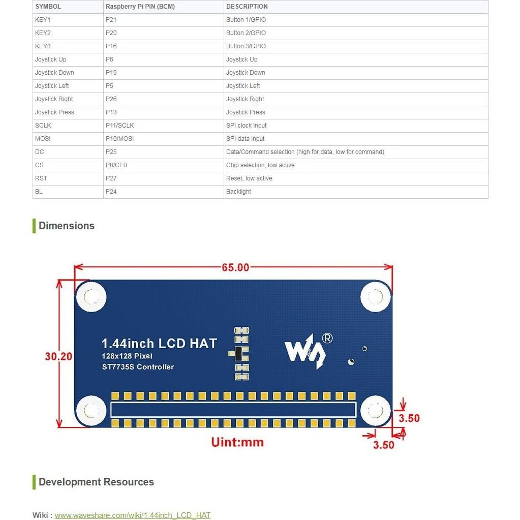 Pantalla LCD HAT 1.44" Waveshare para Raspberry Pi 128x128