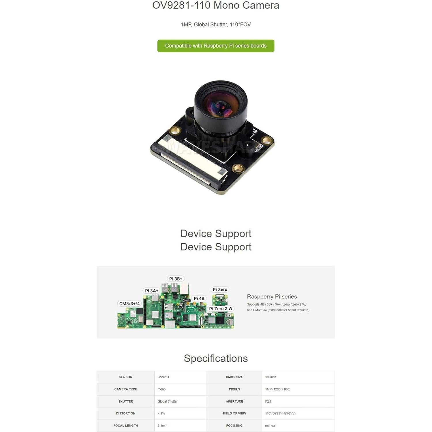 Cámara Mono iiunius OV9281-110 1MP Obturador Global 110° FOV