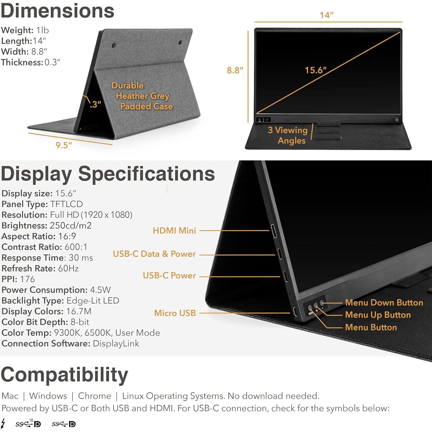 Monitor Portátil Stand Steady 15.6" FHD 1080P USB HDMI