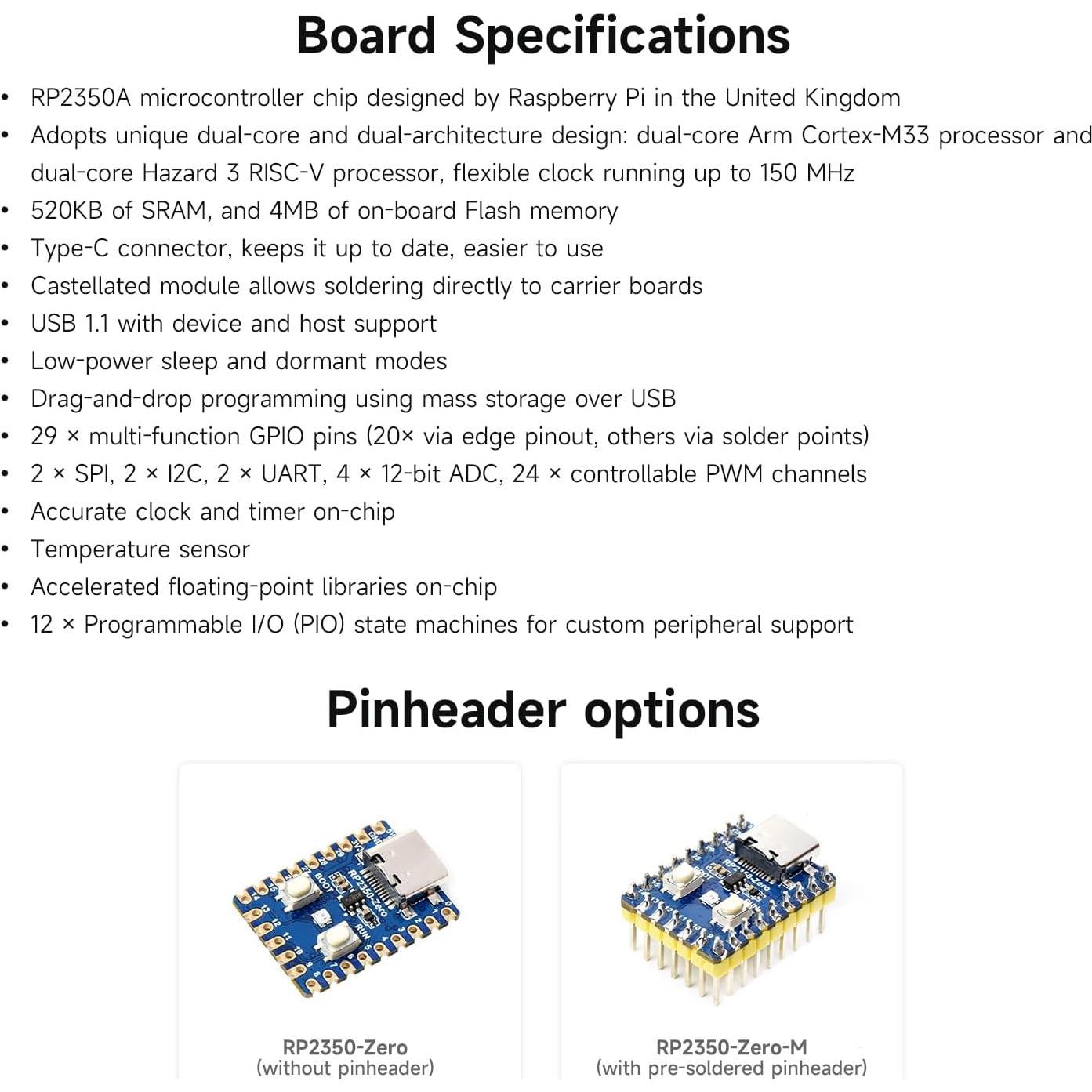 Placa de Desarrollo Waveshare RP2350-Zero Mini, Doble Núcleo, 7x5x2.2 cm