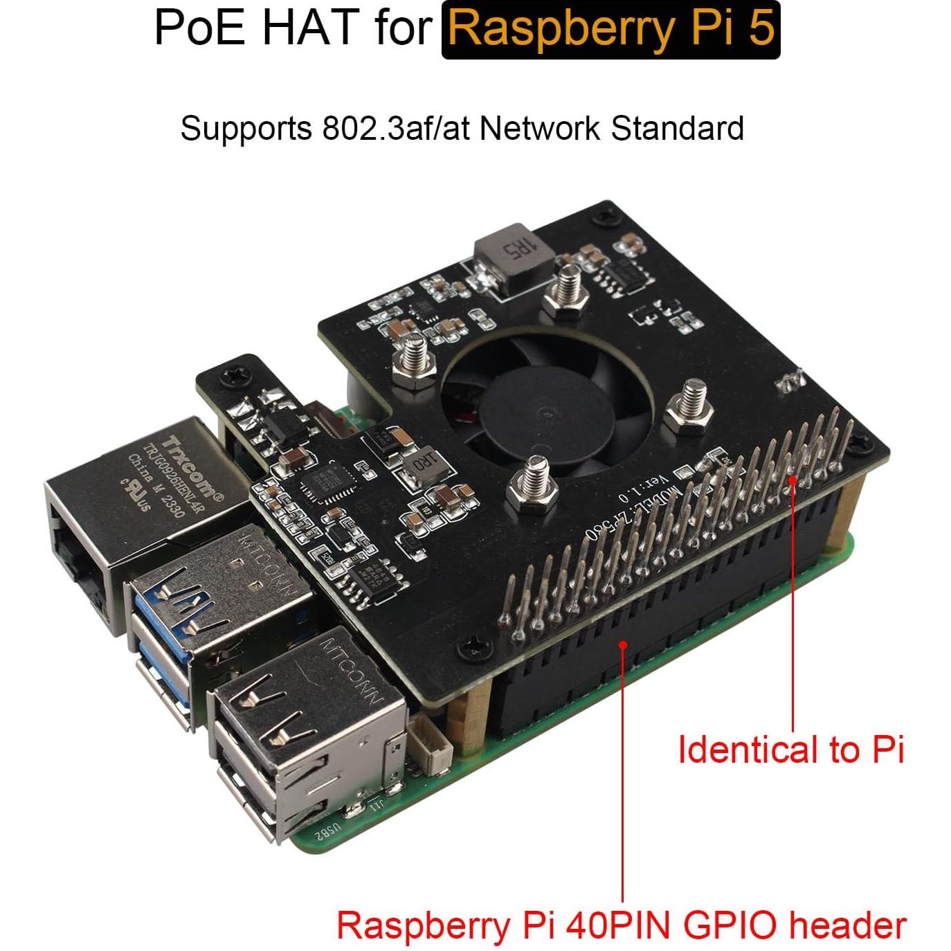 Placa PoE HAT ZDE ZP580 para Raspberry Pi 5 con Ventilador