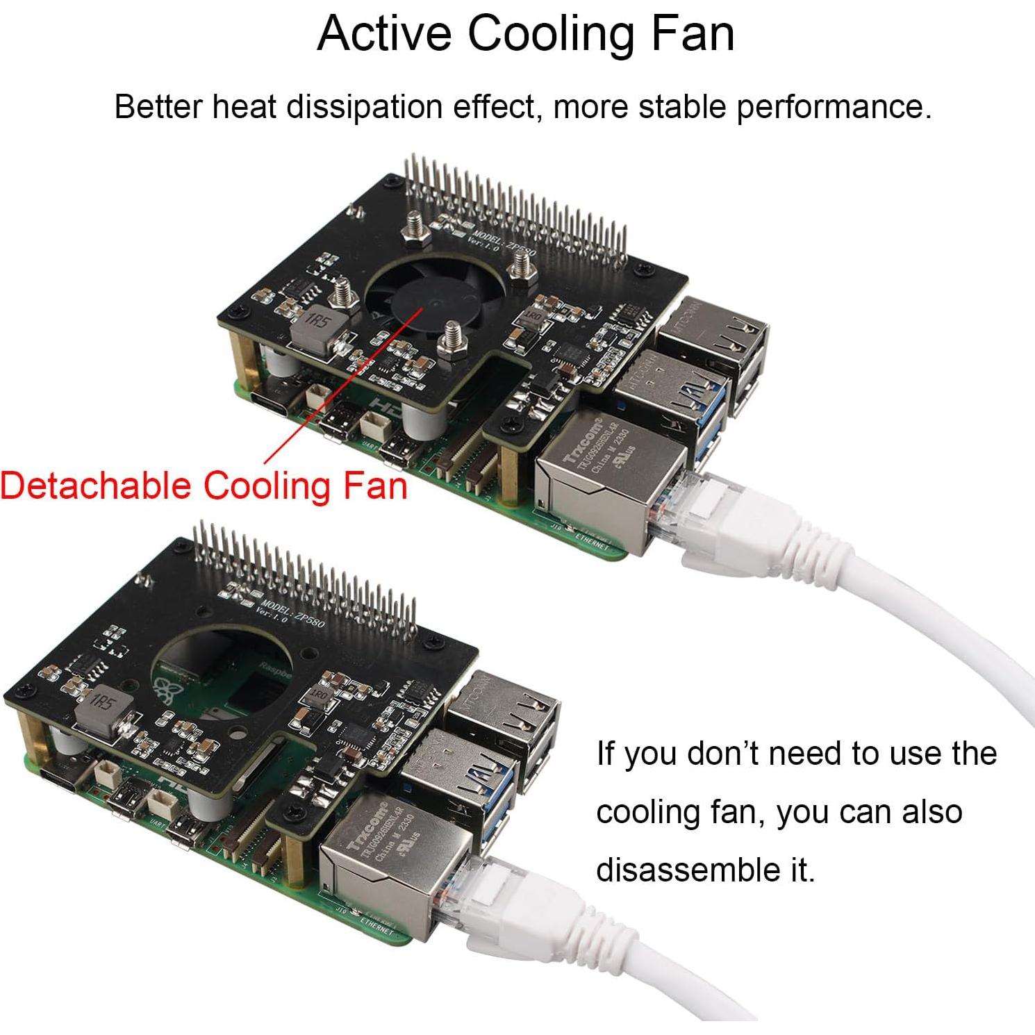 Placa PoE HAT ZDE ZP580 para Raspberry Pi 5 con Ventilador