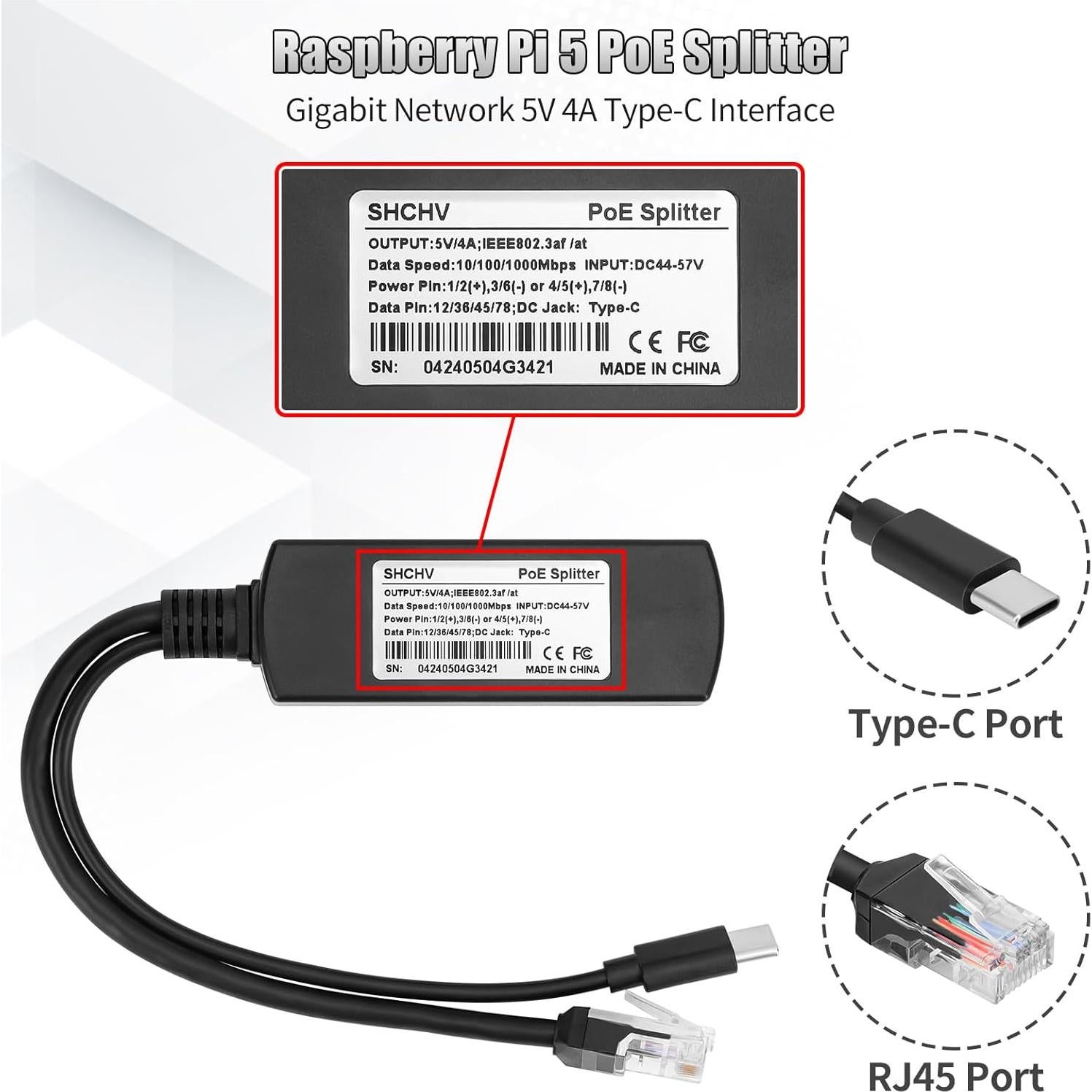 Divisor PoE Gigabit 5V 4A Tipo-C FPVERA para Raspberry Pi 5
