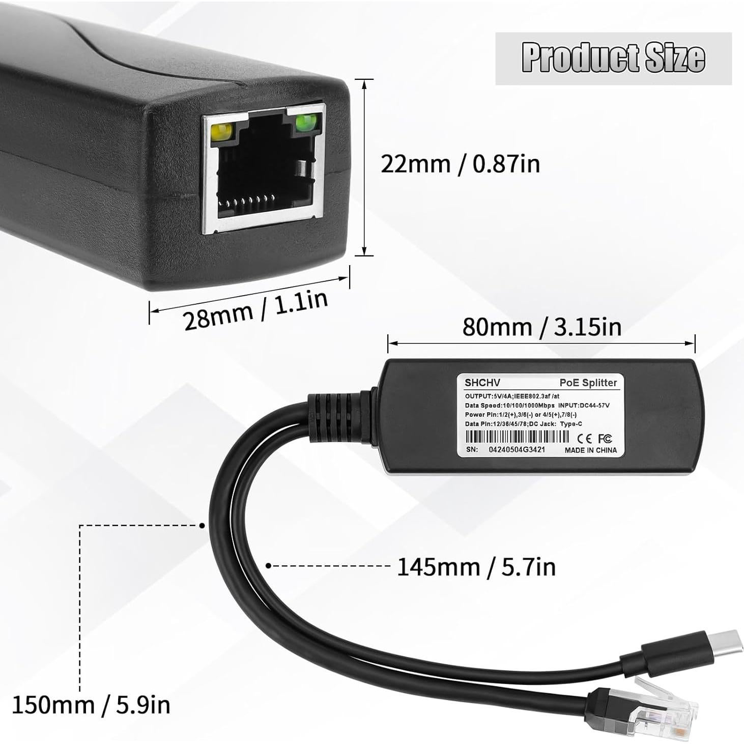 Divisor PoE Gigabit 5V 4A Tipo-C FPVERA para Raspberry Pi 5