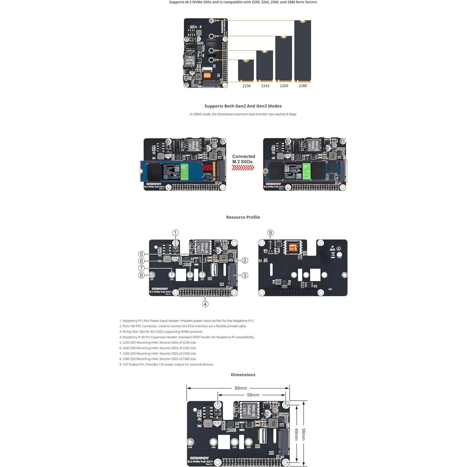 Placa de Expansión M.2 NVMe PoE HAT+ Xicoolee para Raspberry Pi 5