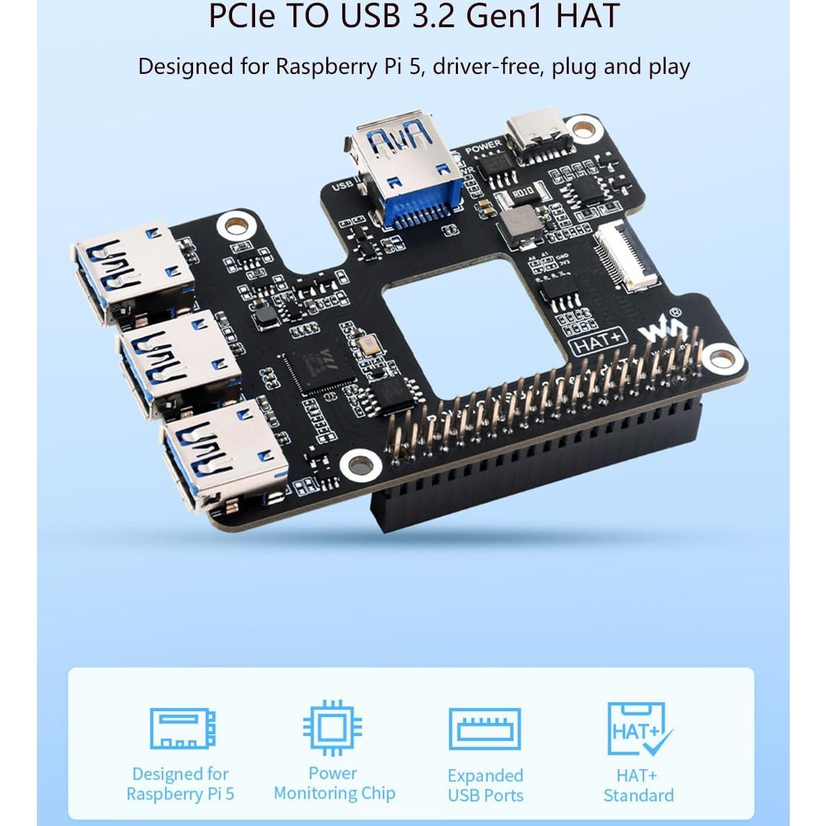 PCIe a USB 3.2 Gen1 HAT UeeKKoo para Raspberry Pi 5