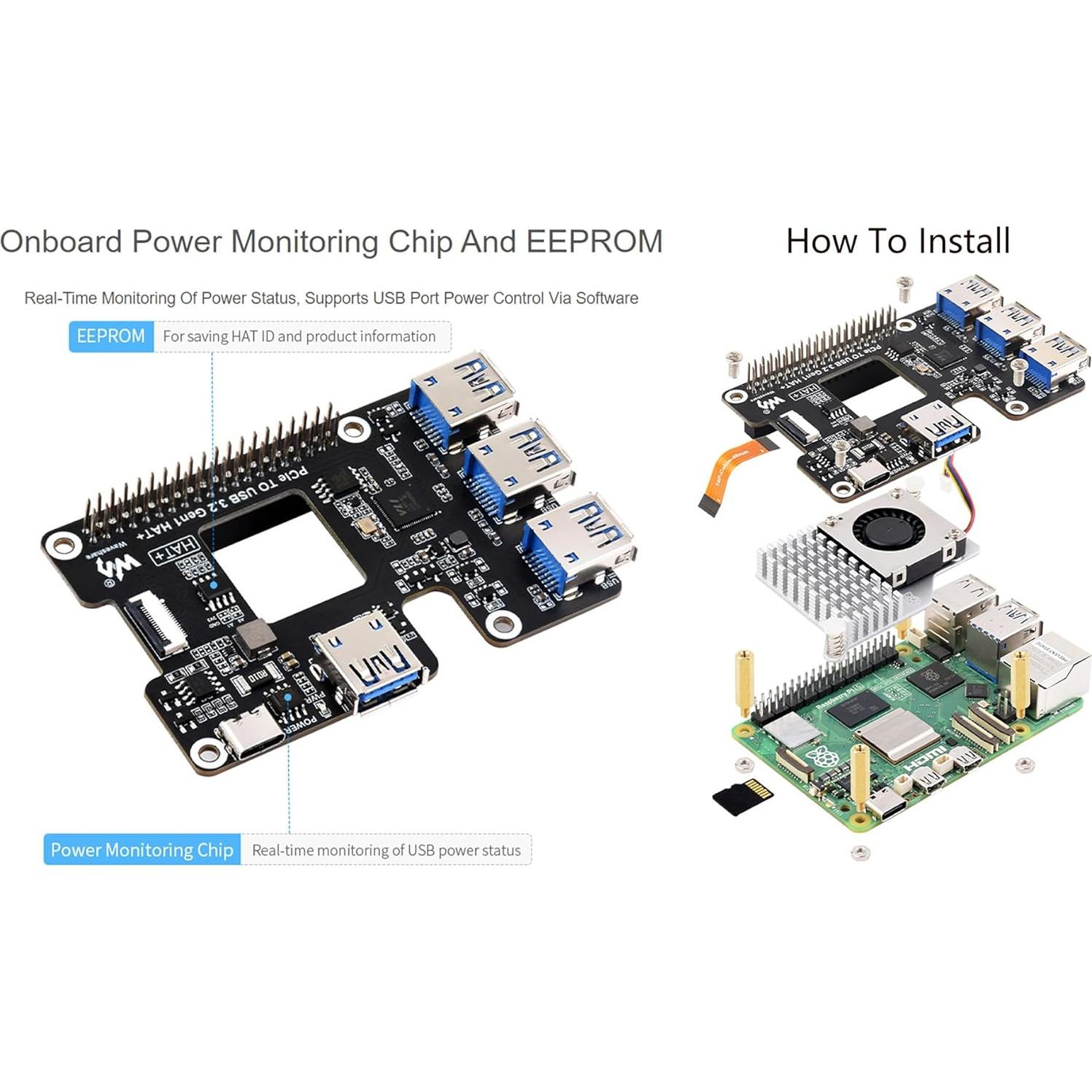 PCIe a USB 3.2 Gen1 HAT UeeKKoo para Raspberry Pi 5