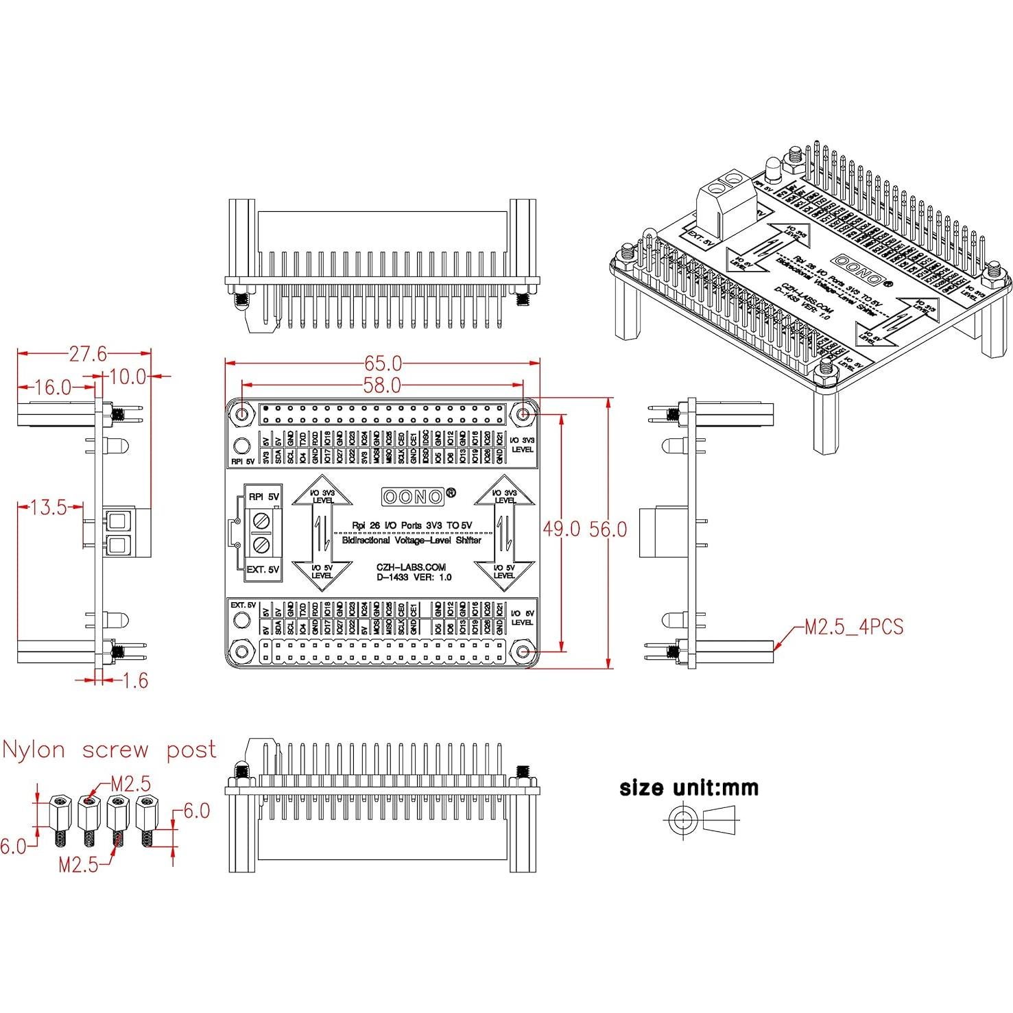 Convertidor de Nivel de Voltaje Bidireccional OONO 3.3V a 5V 26 I/O