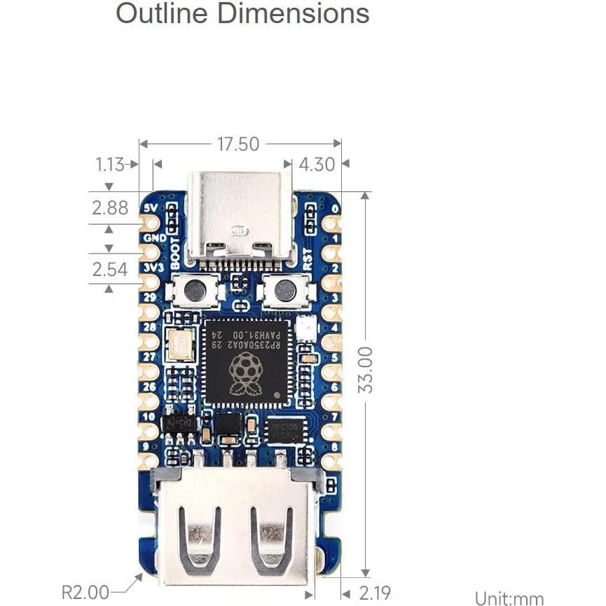 Placa de Desarrollo Mini USB Waveshare RP2350 - 150MHz, 2MB Flash