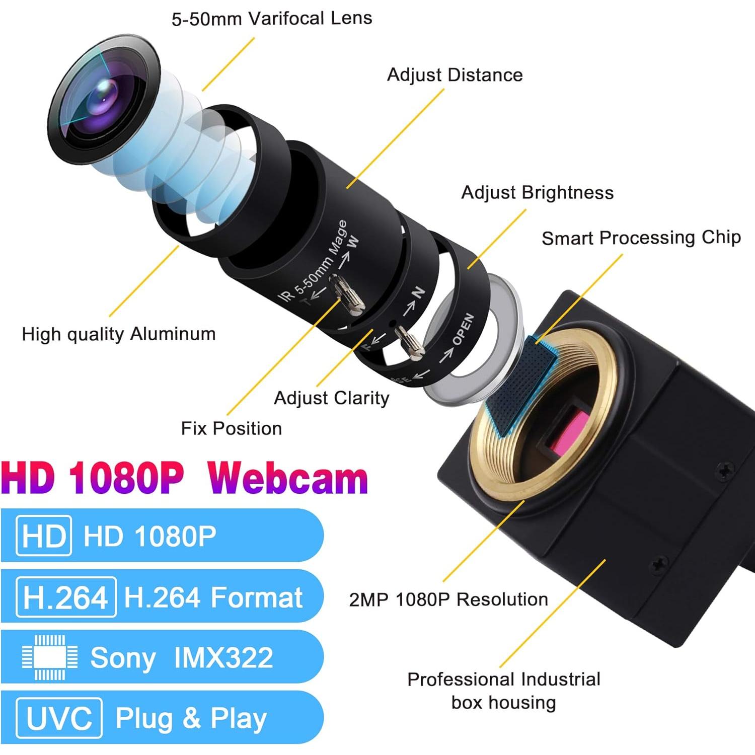 Cámara USB ALPCAM 2MP Full HD 1080P Lente Varifocal 5-50mm