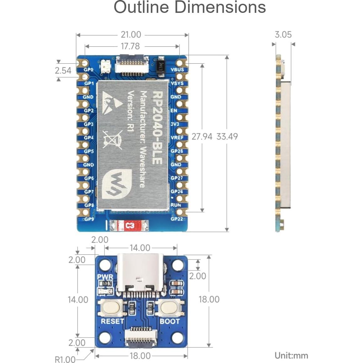 Placa de desarrollo RP2040-BLE Waveshare con USB tipo C