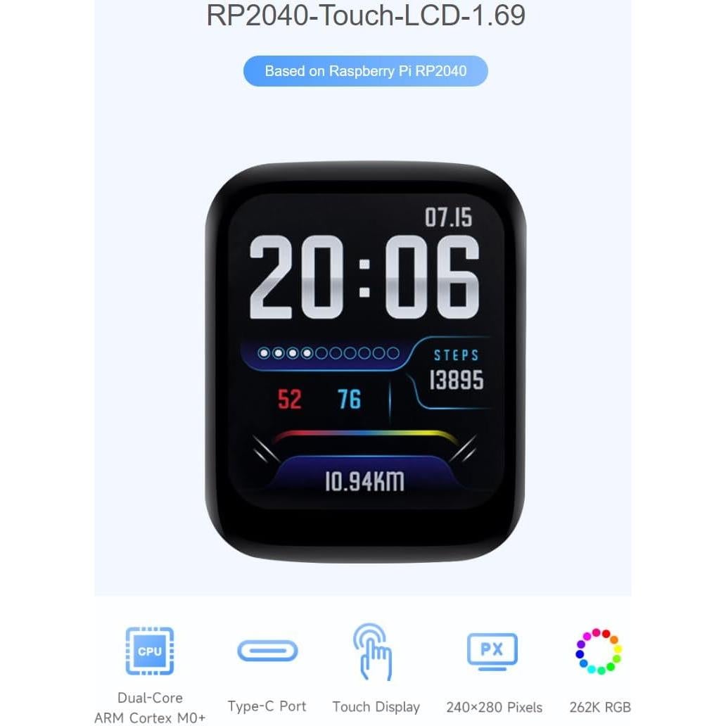 Placa de desarrollo Waveshare RP2040 con LCD táctil 1.69"