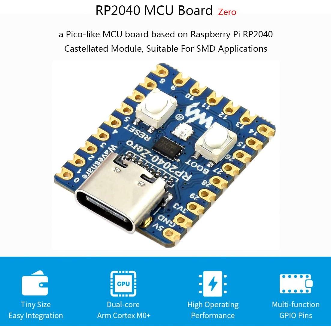 Placa MCU RP2040-Zero Mini Waveshare, 2MB Flash, USB-C