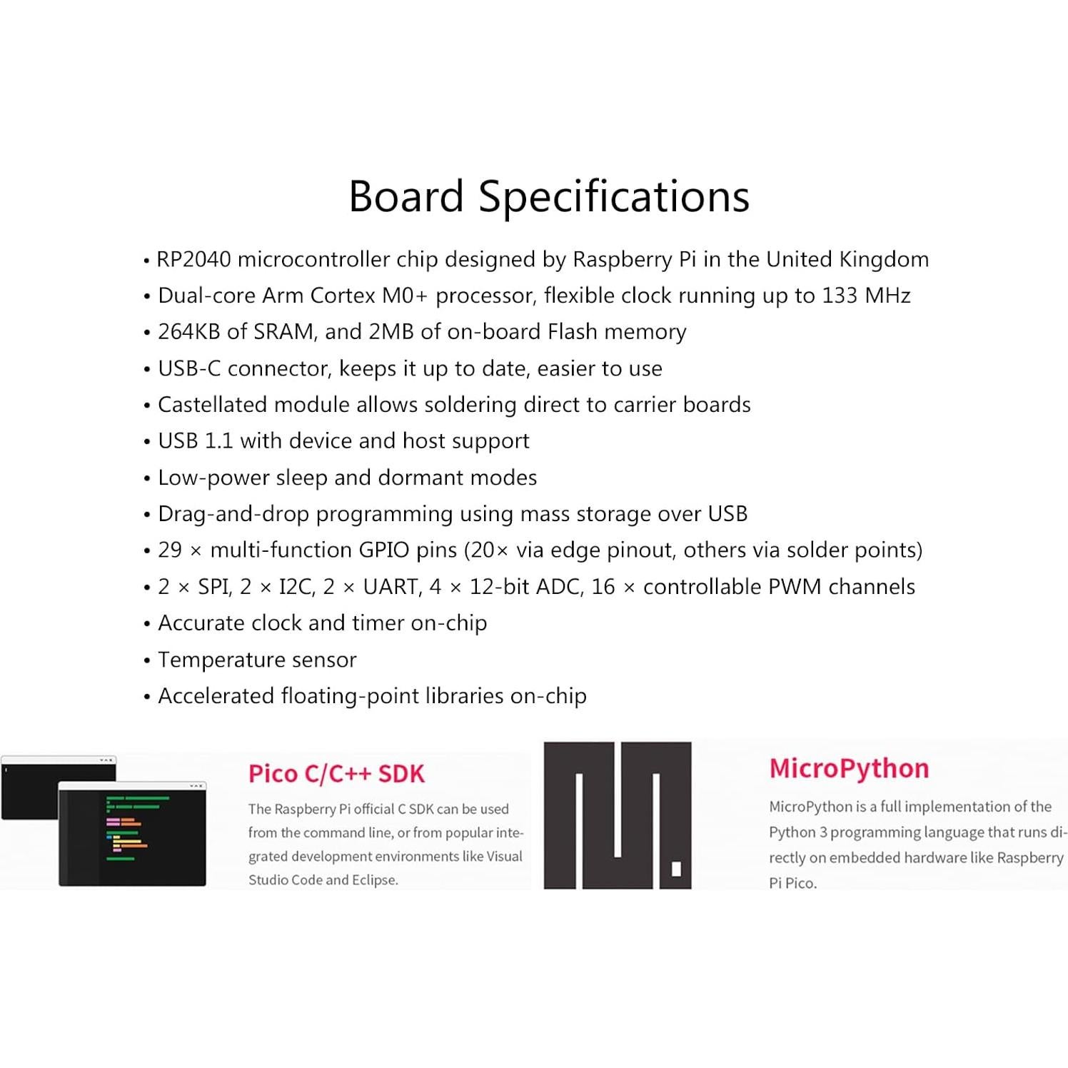 Placa MCU RP2040-Zero Mini Waveshare, 2MB Flash, USB-C