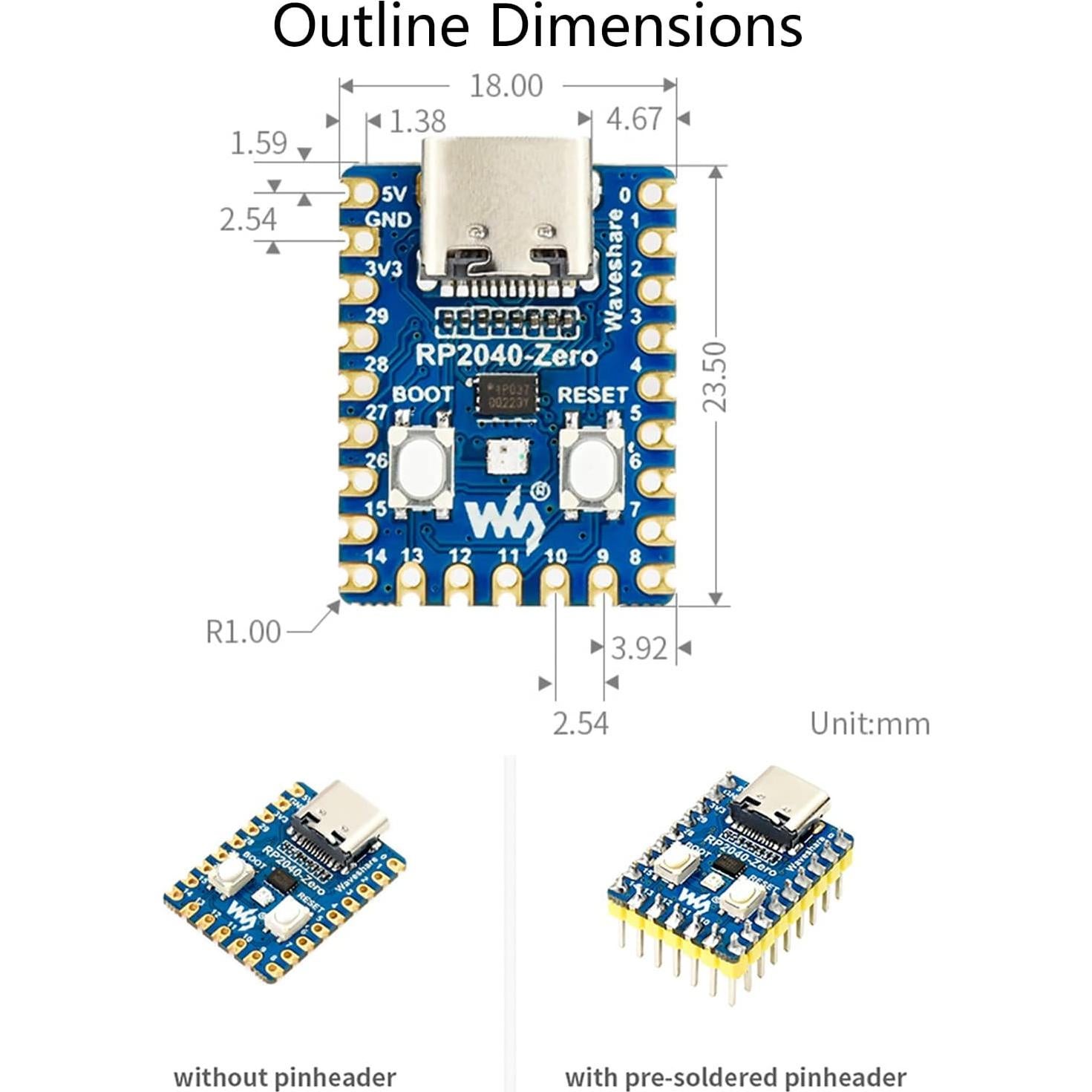 Placa MCU RP2040-Zero Mini Waveshare, 2MB Flash, USB-C