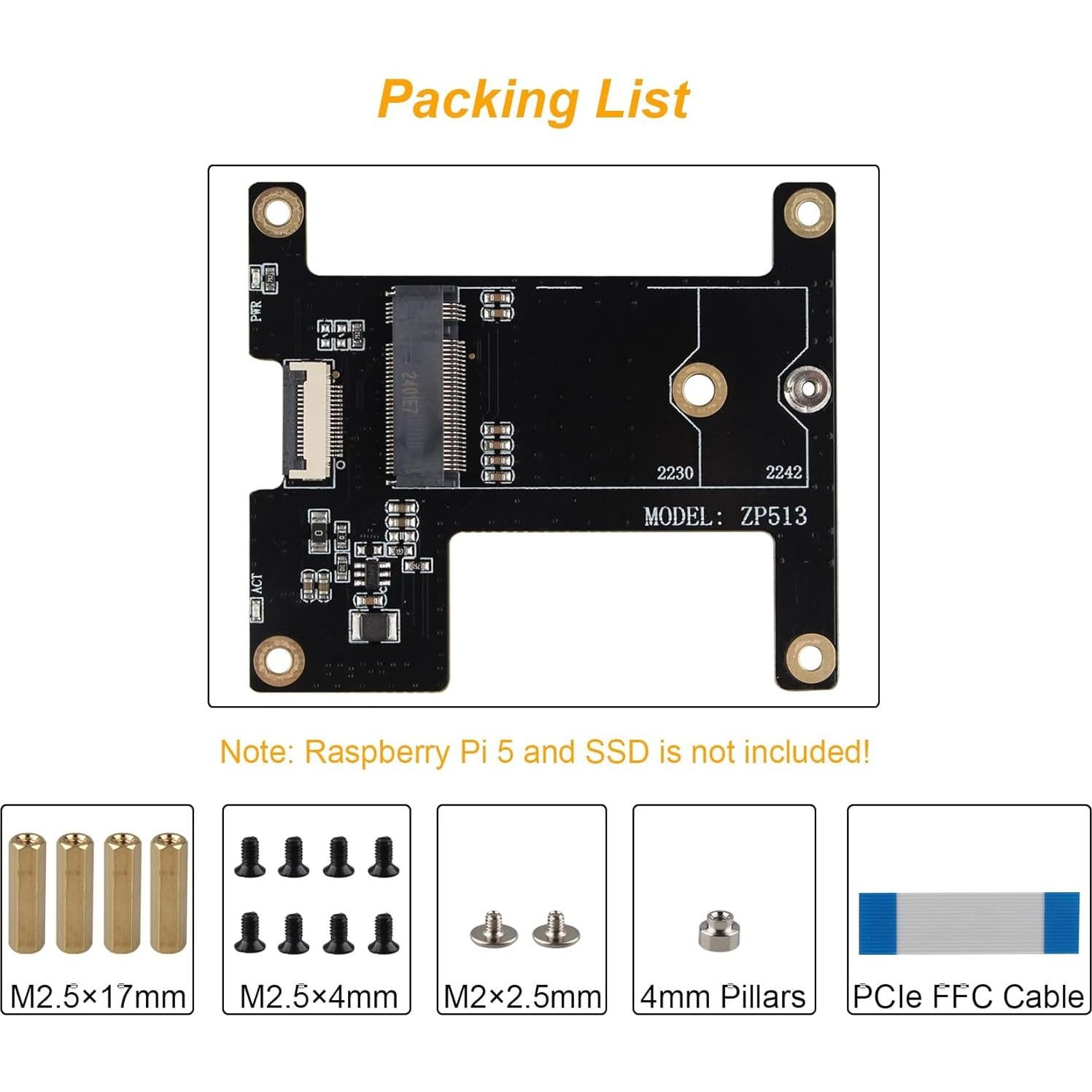 Adaptador SSD NVMe M.2 Key-M ZDE ZP513 para Raspberry Pi 5