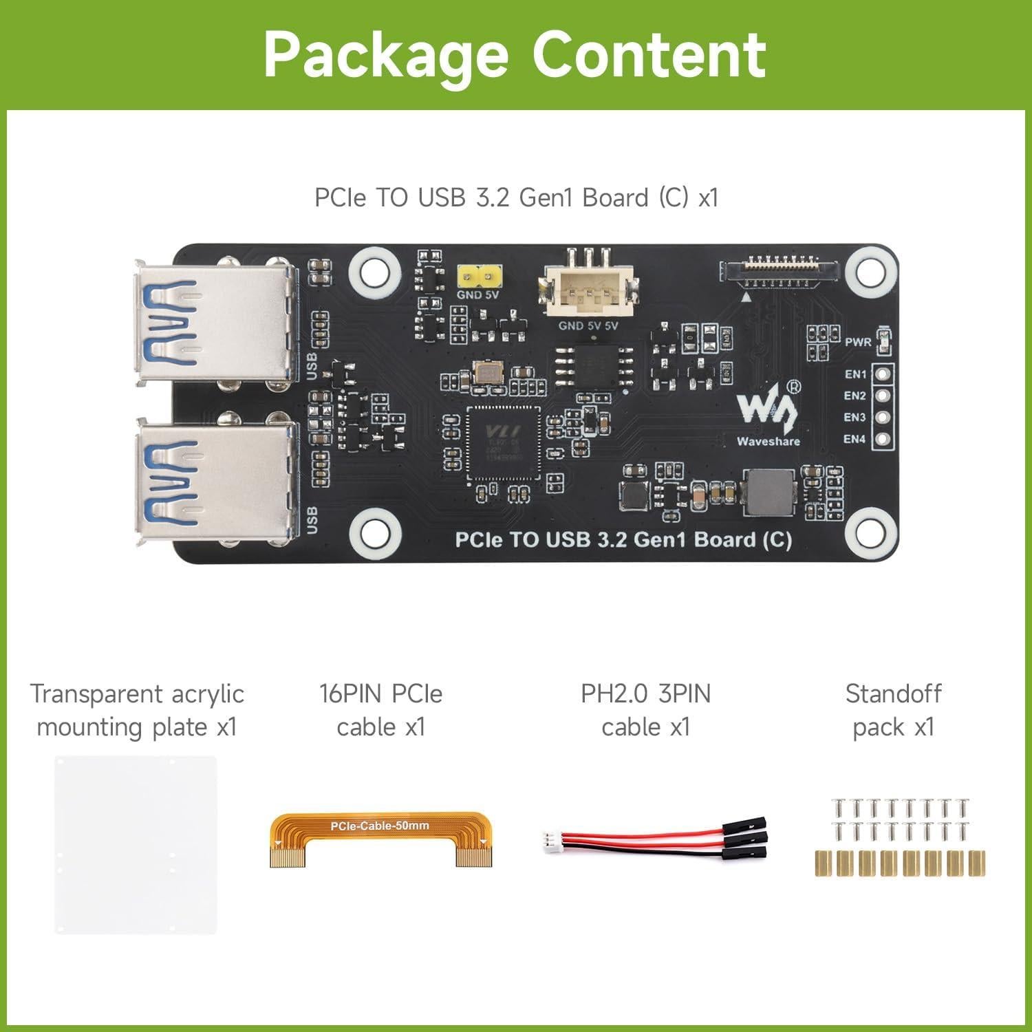 Placa PCIe a 4-Ch USB 3.2 Gen1 Waveshare para Raspberry Pi 5