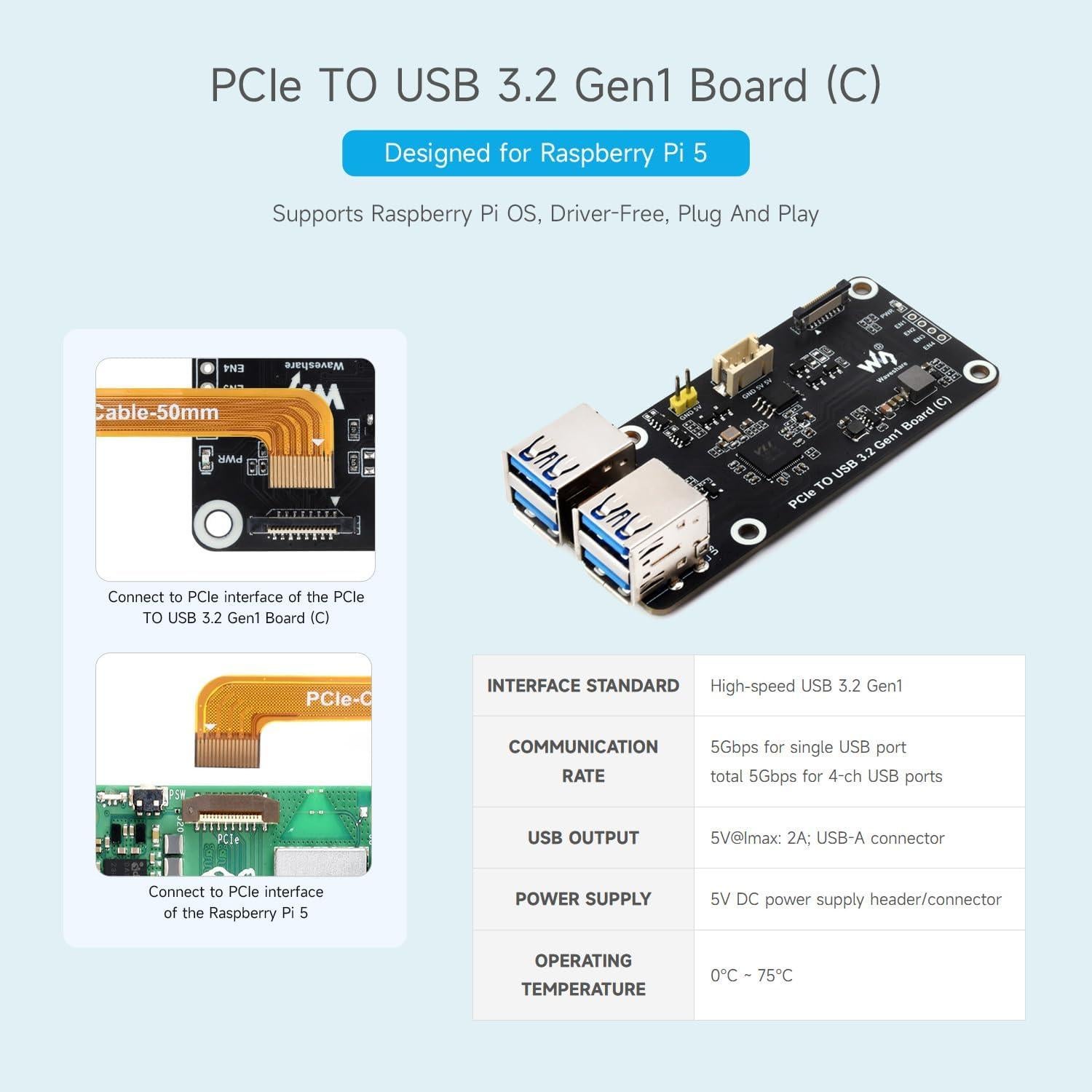 Placa PCIe a 4-Ch USB 3.2 Gen1 Waveshare para Raspberry Pi 5