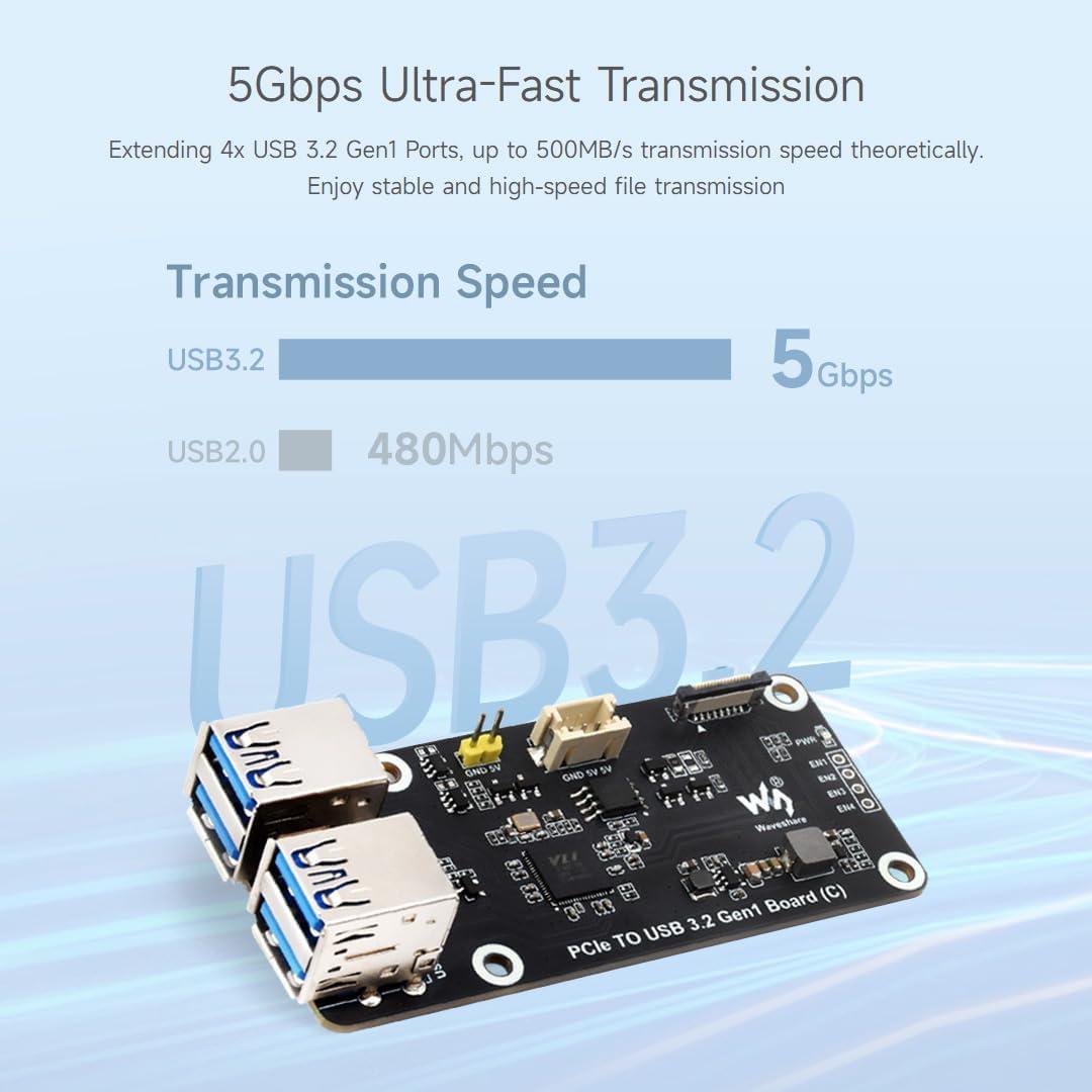 Placa PCIe a 4-Ch USB 3.2 Gen1 Waveshare para Raspberry Pi 5