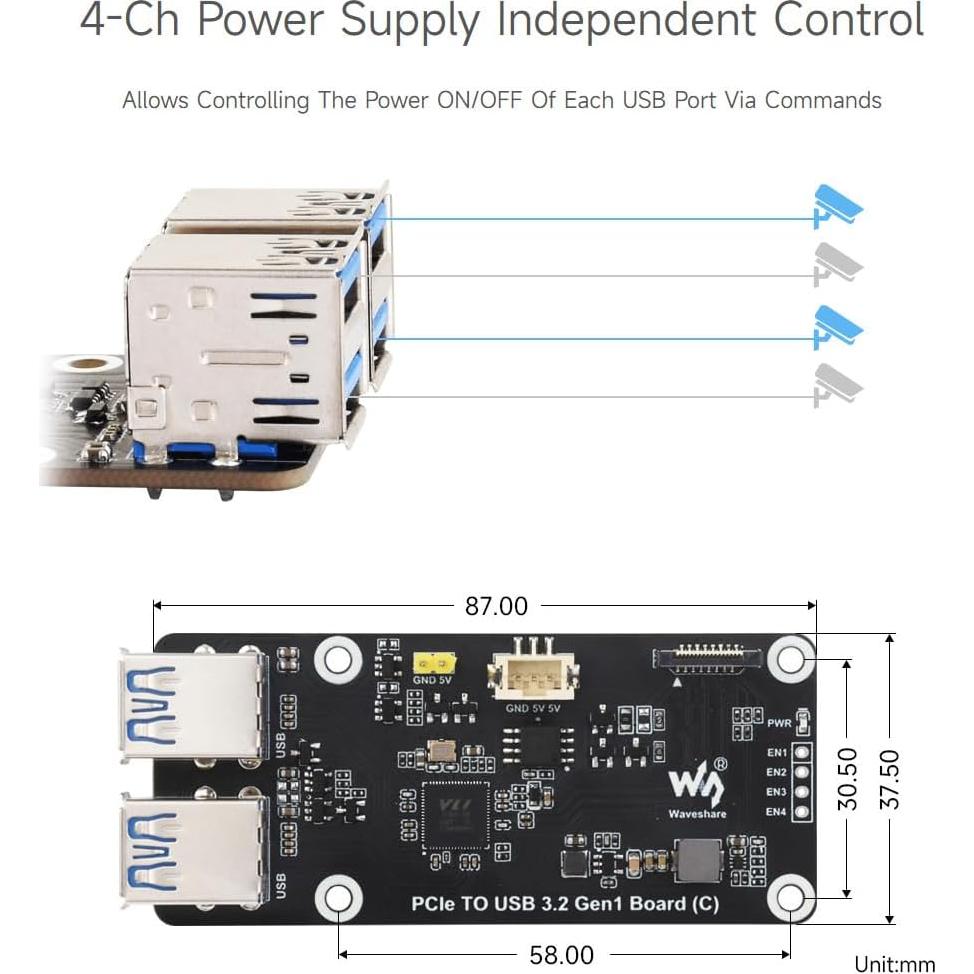 Placa PCIe a 4-Ch USB 3.2 Gen1 Waveshare para Raspberry Pi 5