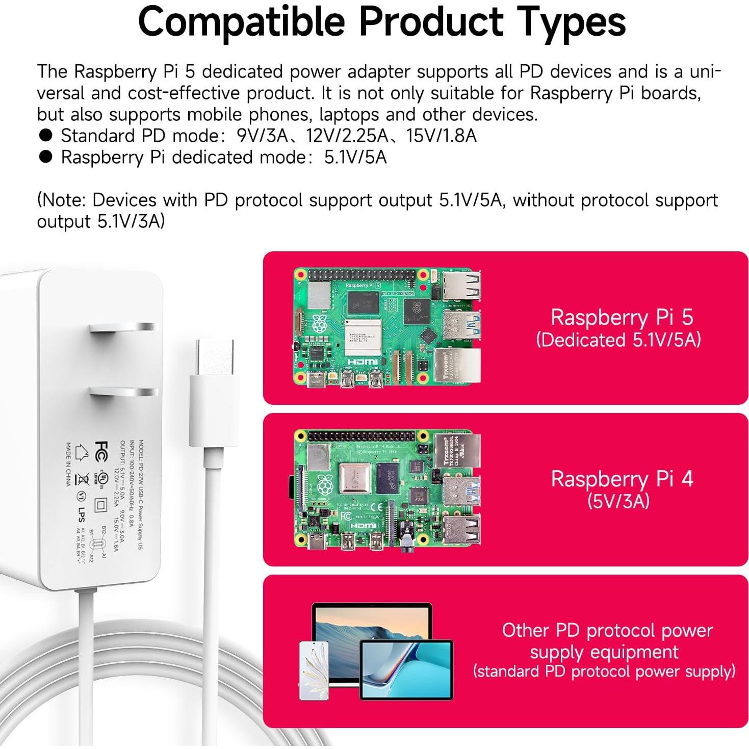 Fuente de Alimentación USB-C Yahboom 27W para Raspberry Pi 5