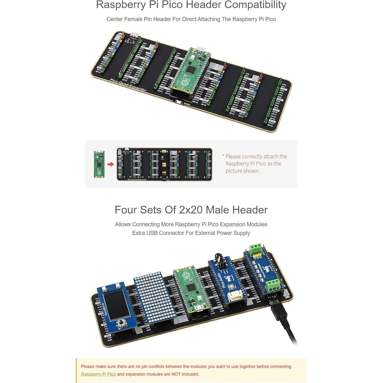 Expansor GPIO Cuádruple Waveshare para Raspberry Pi Pico