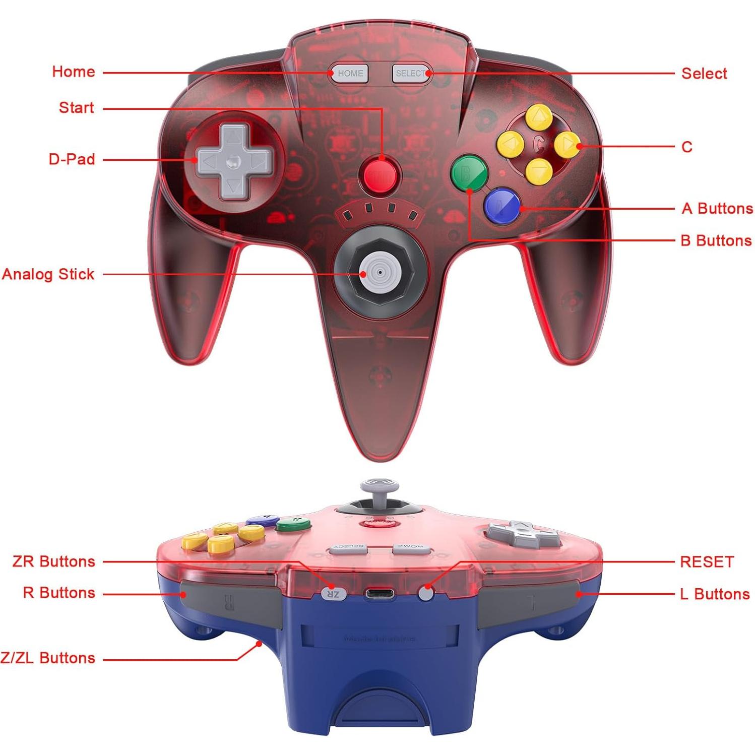 Controlador Inalámbrico KIWITATA N64 para Switch y PC - Rojo