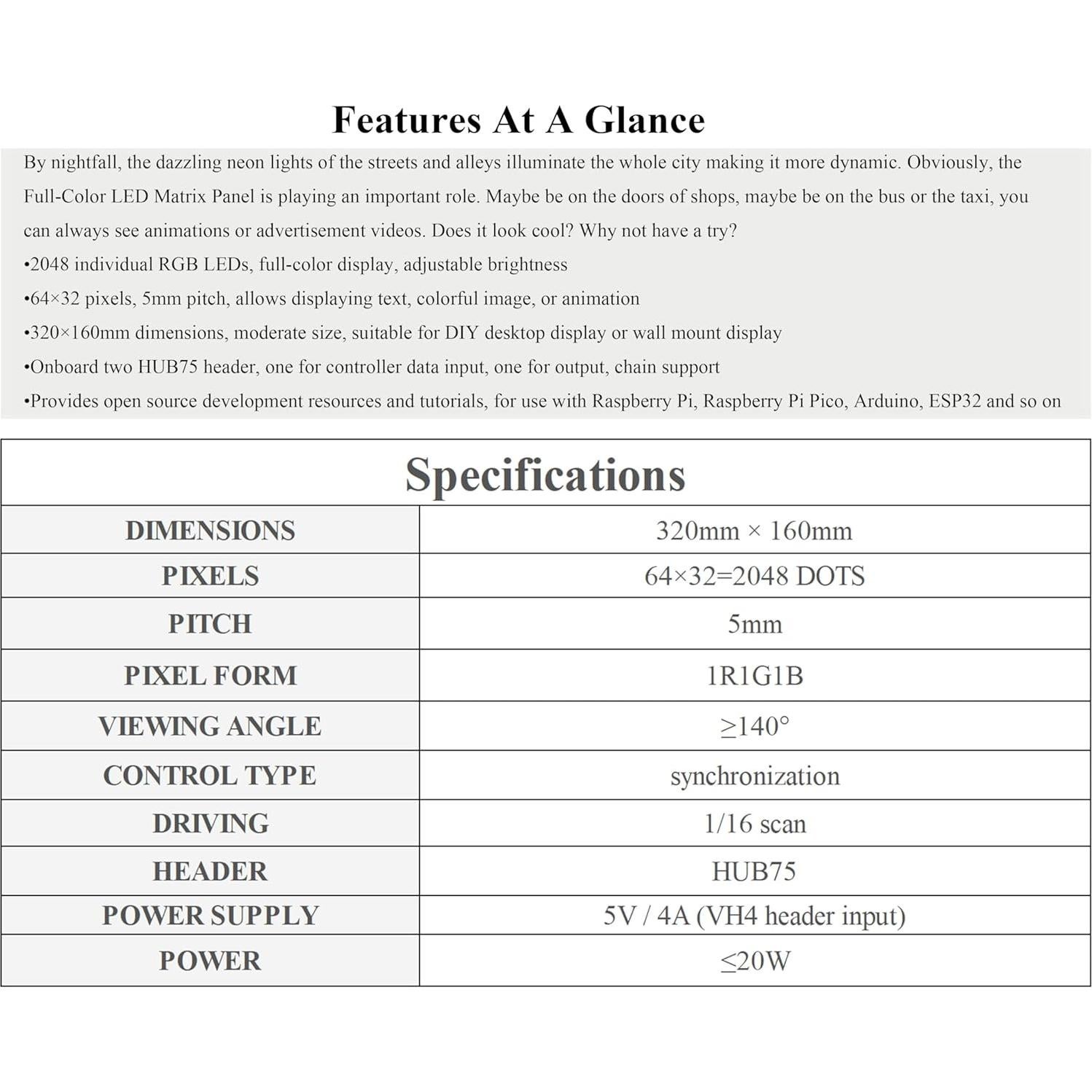 Panel de Matriz LED RGB 64x32 UeeKKoo 2048 LEDs Brillo Ajustable
