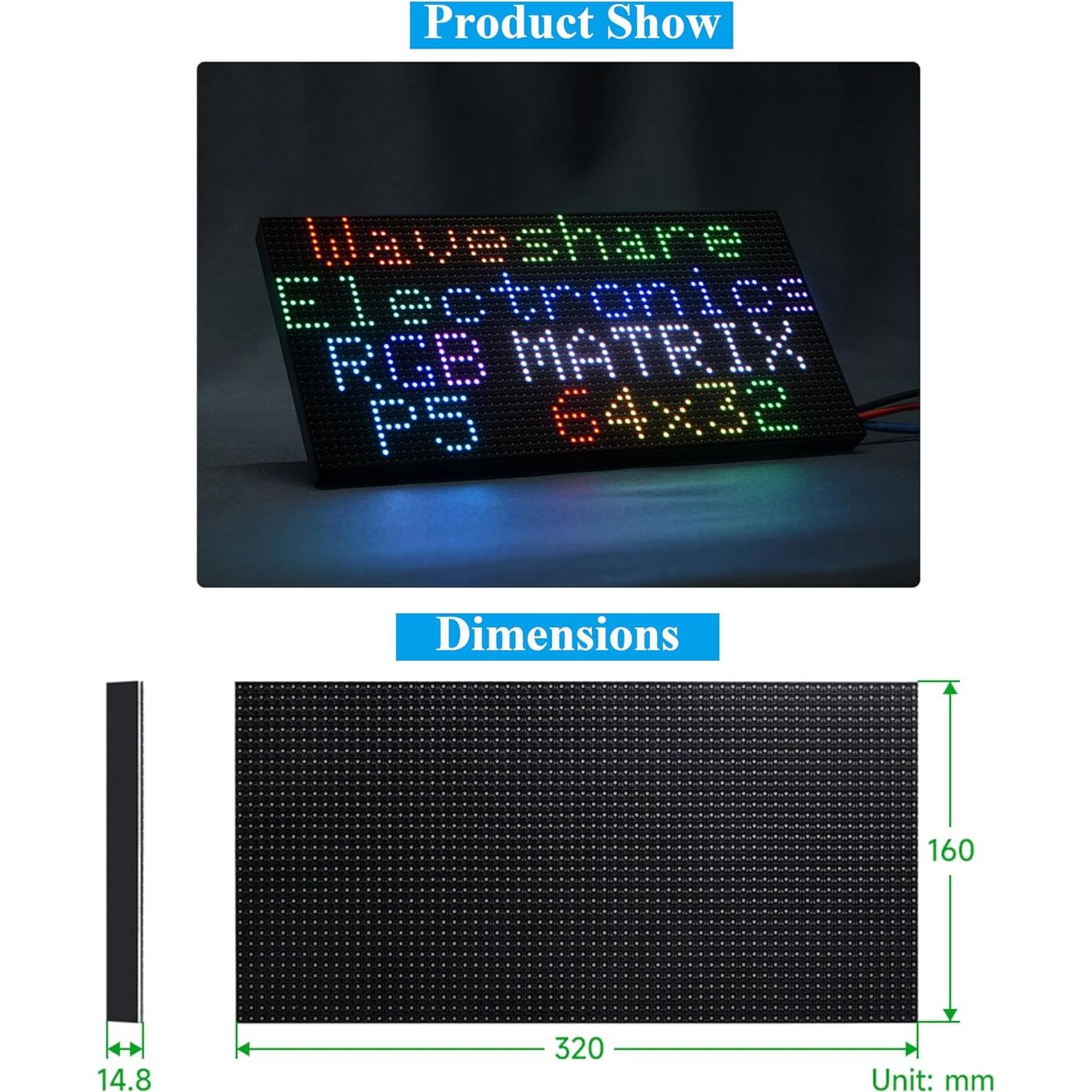 Panel de Matriz LED RGB 64x32 UeeKKoo 2048 LEDs Brillo Ajustable