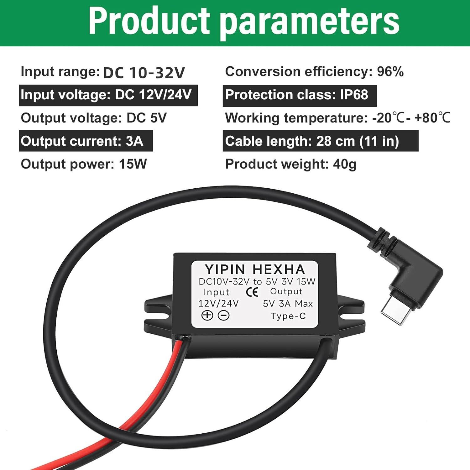 Convertidor DC 24V/12V a 5V USB Tipo-C YIPIN HEXHA 3A 15W